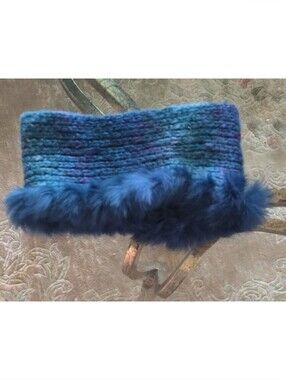 Candie's Y2K Teal Blue Pink Knit Headband Faux Fur Trim Accessory Neck Collar